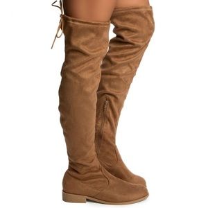 NWT Women’s Size 7 Wild Diva Oksana Over The Knee Drawstring Boot In Taupe Color